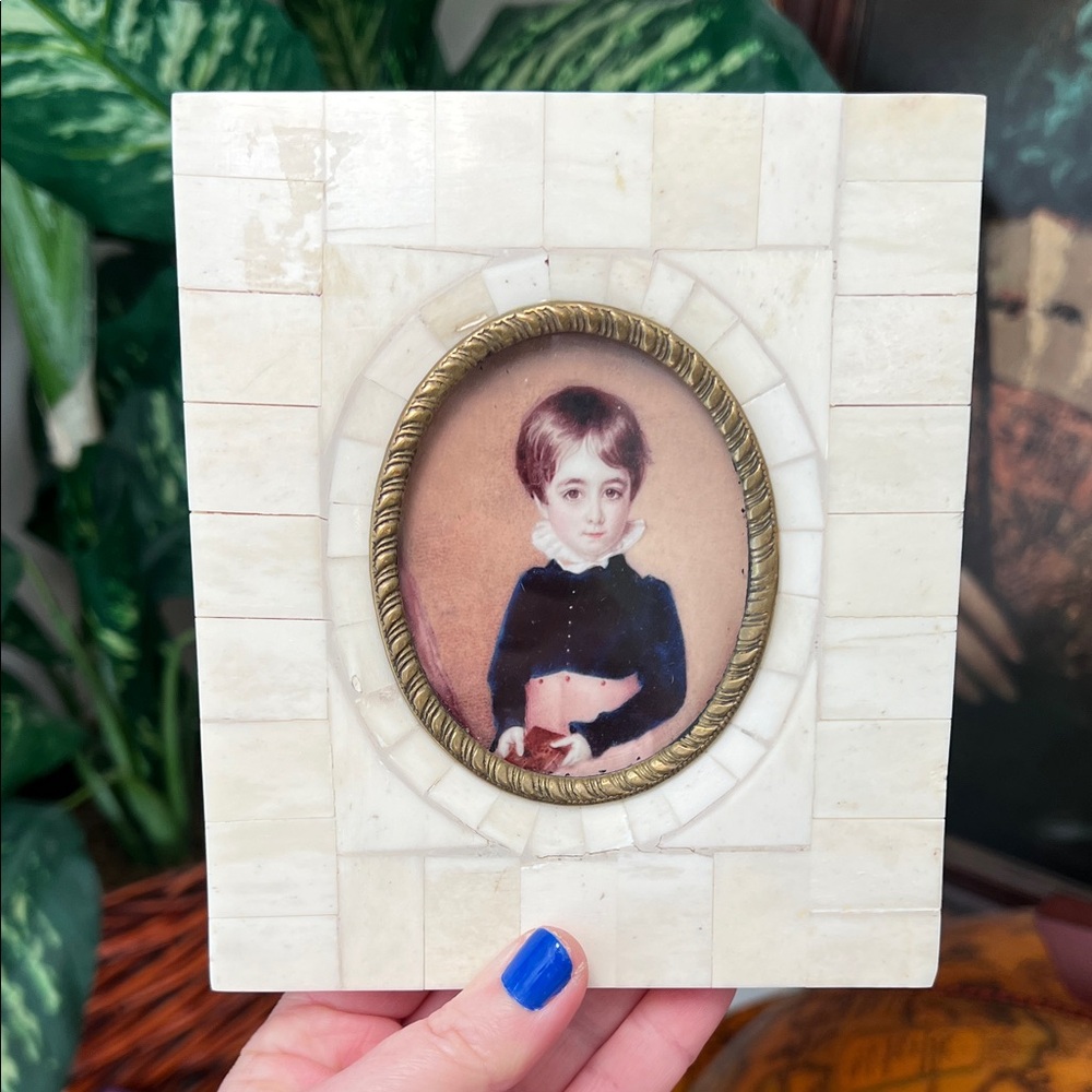 Vintage Victorian Style Miniature Young Boy Portrait Inlaid Bone Horn Wall Art